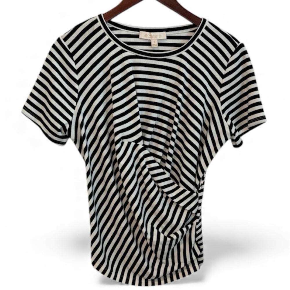 Etcetera Monochrome Black White Striped Knit Faux Wrap Ribbed Top S